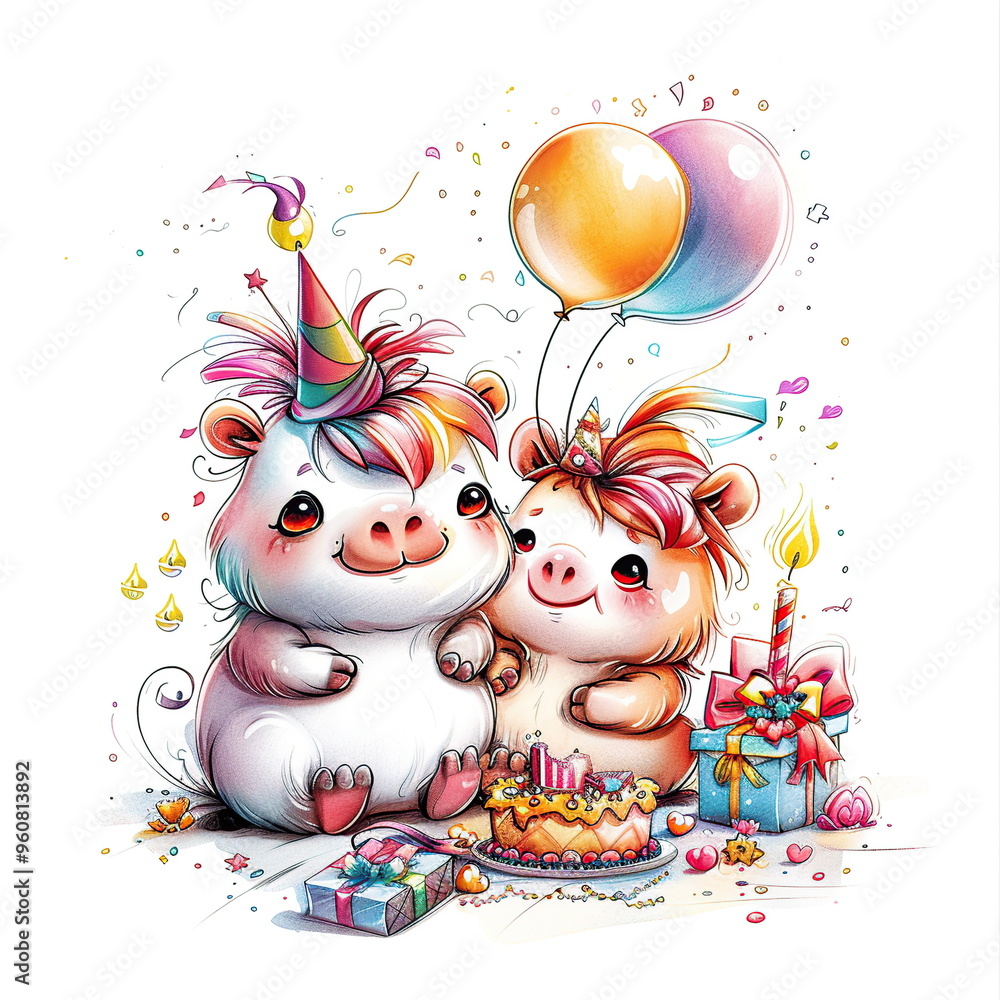 Naklejka premium Cute Cartoon Pigs Celebrating Birthday with Cake and Balloons
