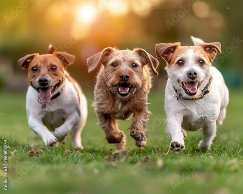 Dog park with playful dogs, lively and joyful, Urban, Soft greens, Photograph, Pet fun