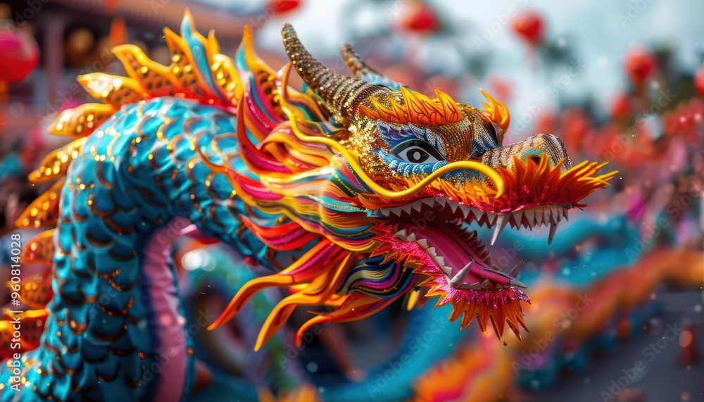 Festival parade with colorful floats, dynamic and festive, Urban, Bright hues, Photograph, Community celebration