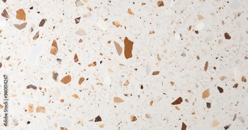 A close-up view of a terrazzo surface featuring a mix of light and dark stones, creating a textured and decorative pattern.