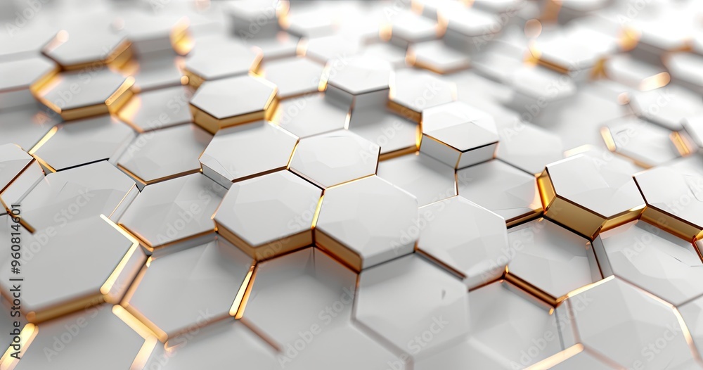 A close-up view of a textured surface featuring interlocking hexagonal shapes with a glossy finish and golden edges. A close-up view of a textured surface featuring interlocking hexagonal shapes with a glossy finish and golden edges.
