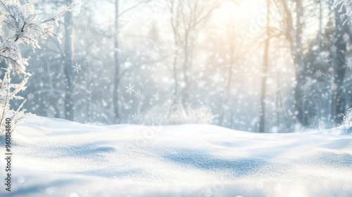 beautiful white empty winter idyll, shiny snowflakes on blurred winter landscape, christmas background with advertising space on snow cover, holiday season backdrop