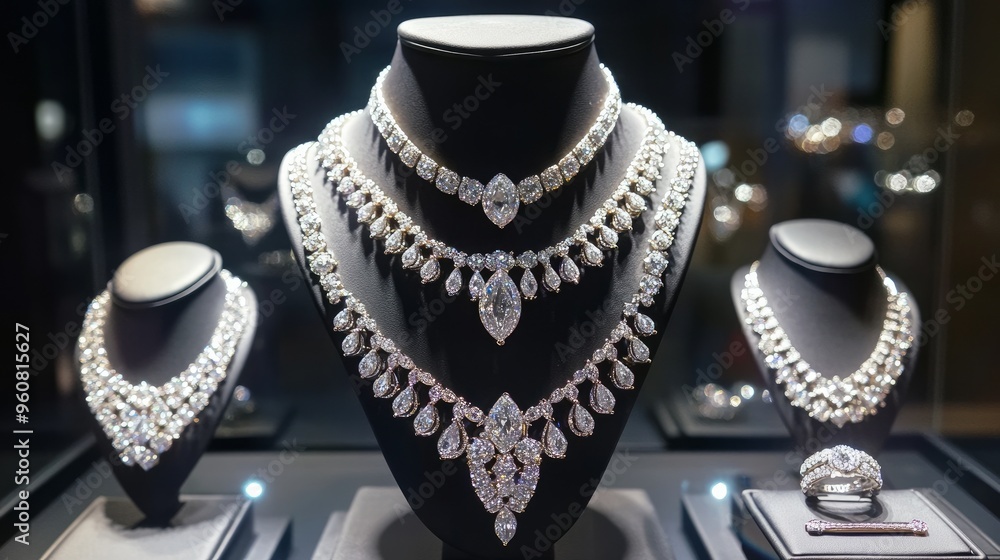 The window display showcase of a luxury retail store features diamond necklaces and rings. The window display showcase of a luxury retail store features diamond necklaces and rings.