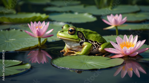 Green Frog on a Lily Pad in a Pond