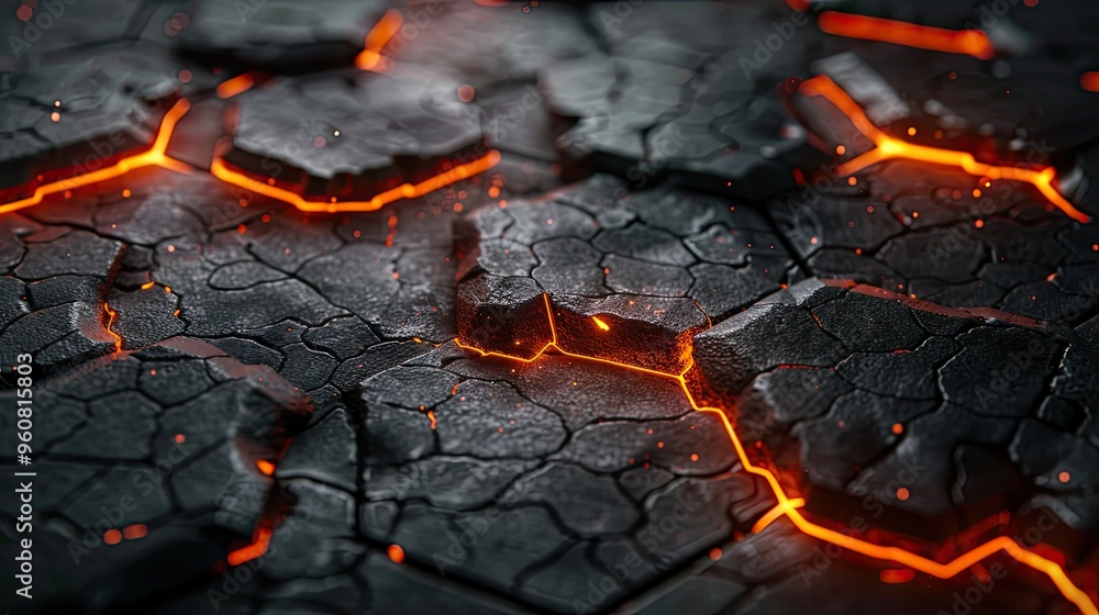 A close-up view of cracked, dark terrain with glowing lava seams, evoking a sense of heat and geological activity. A close-up view of cracked, dark terrain with glowing lava seams, evoking a sense of heat and geological activity.