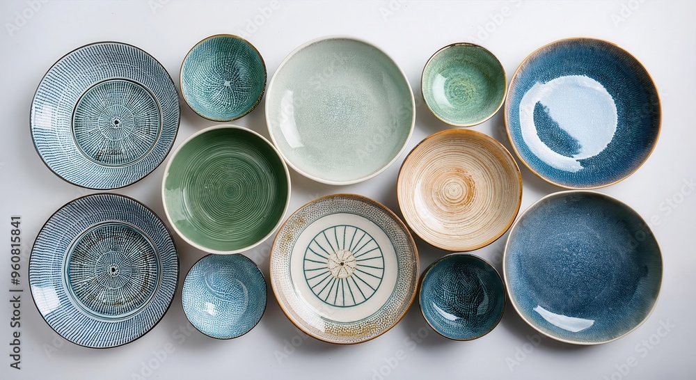 A collection of ceramic plates with earthy tones arranged in an artistic layout. A collection of ceramic plates with earthy tones arranged in an artistic layout.