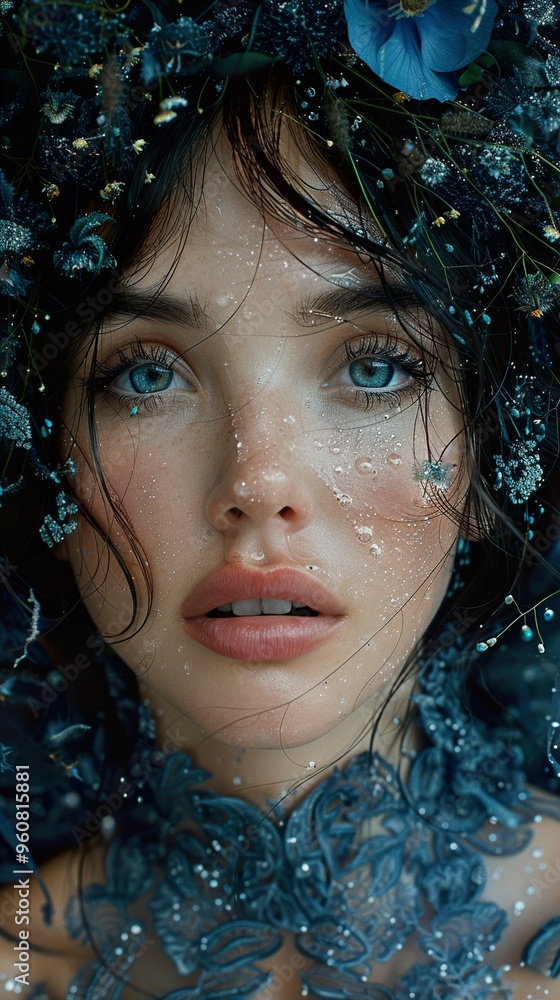 Close-up Portrait of a Woman with Flowers in Her Hair Close-up Portrait of a Woman with Flowers in Her Hair