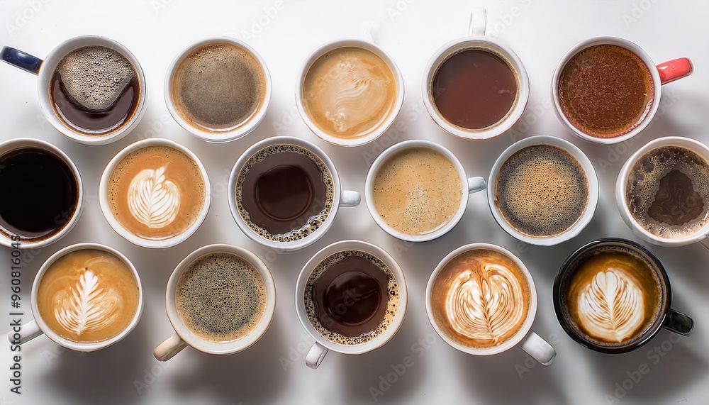 A variety of coffee cups filled with different types of coffee arranged in a circular pattern. A variety of coffee cups filled with different types of coffee arranged in a circular pattern.