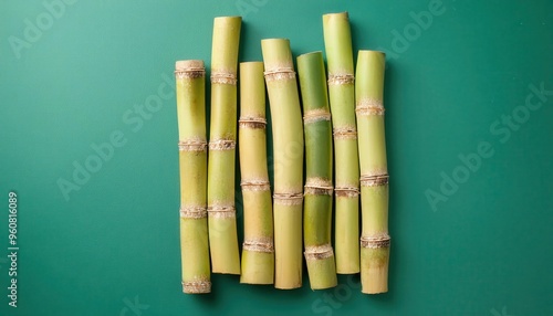 Bamboo Sticks Neatly Arranged on Green Background photo