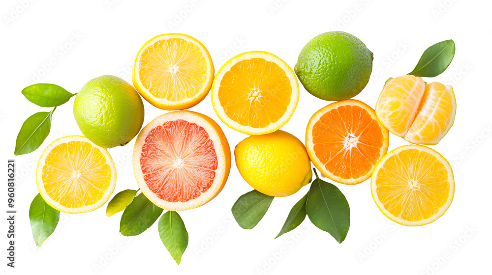 Citrus Burst: A vibrant and colorful arrangement of fresh citrus fruits, sliced and whole, with green leaves, creates a visual feast for the senses. This image is perfect for showcasing the freshness Citrus Burst: A vibrant and colorful arrangement of fresh citrus fruits, sliced and whole, with green leaves, creates a visual feast for the senses. This image is perfect for showcasing the freshness