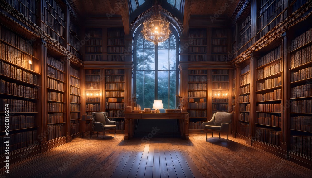 Grand Library Interior with Rows of Books and High Arched Windows Grand Library Interior with Rows of Books and High Arched Windows