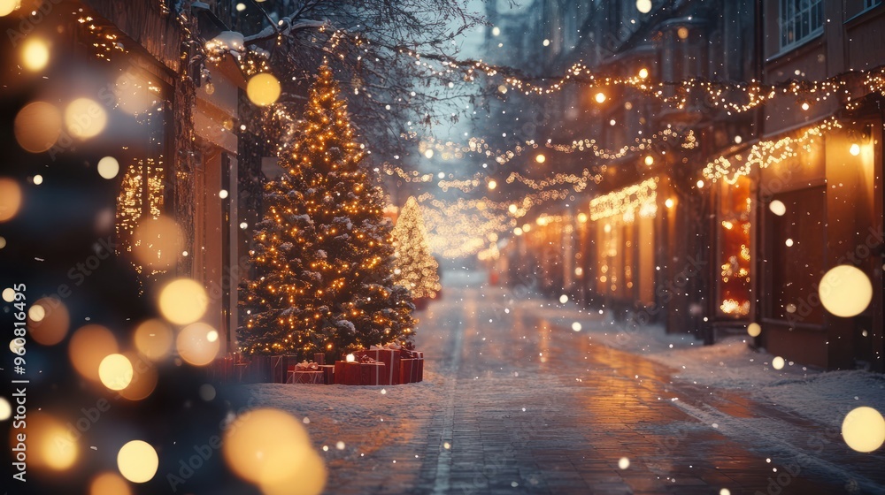 Christmas city street winter blurred background. Xmas tree with snow decorated with garland lights, holiday festive background. Widescreen backdrop. New year Winter Christmas city street winter blurred background. Xmas tree with snow decorated with garland lights, holiday festive background. Widescreen backdrop. New year Winter