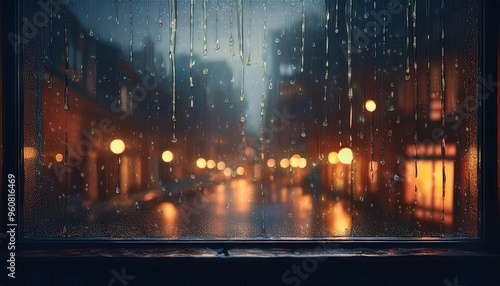 Rainy City Street at Night with Glowing Reflections and Bokeh Lights photo