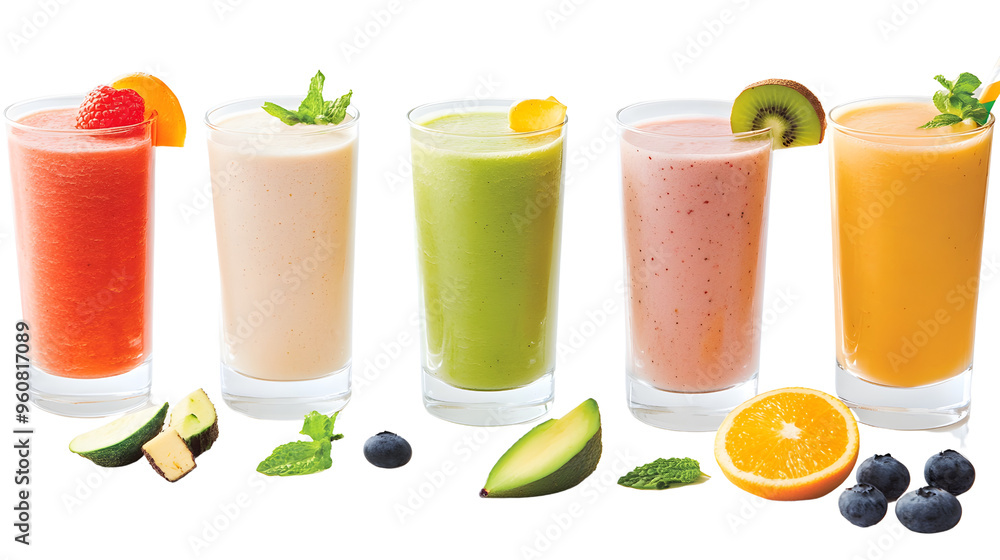 Rainbow of Refreshment: A vibrant array of fruit smoothies bursts with flavor and vitamins, set against a clean white background. Rainbow of Refreshment: A vibrant array of fruit smoothies bursts with flavor and vitamins, set against a clean white background.