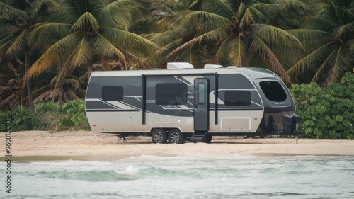Stylish Modern Travel Trailer Set Against a Lush Tropical Backdrop on a Tranquil Beach. Generative AI