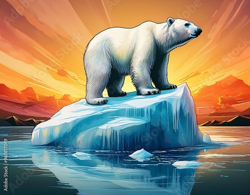 A striking illustration of a polar bear on a melting iceberg, in the style of a modern digital art