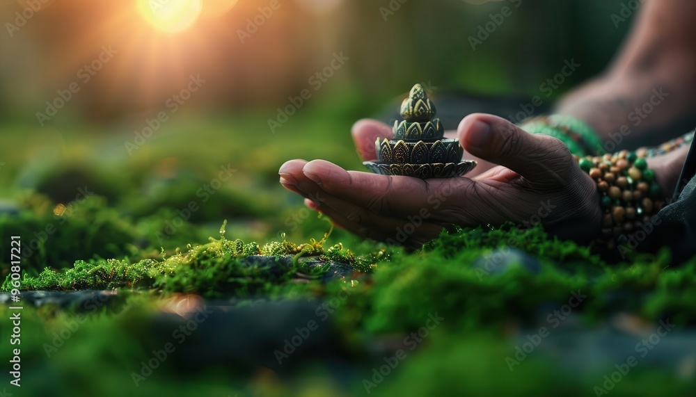 Fototapeta premium Yoga pose in a serene setting, dynamic and peaceful, Zen, Soft greens, Photograph, Wellness
