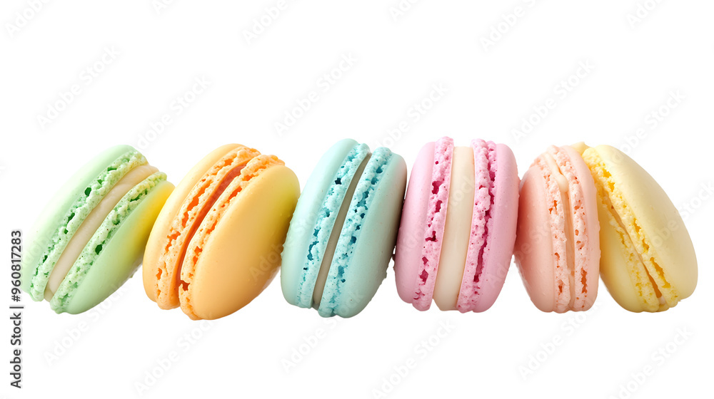 Pastel Macaron Delight: A tempting row of colorful macarons on a clean white background. Pastel Macaron Delight: A tempting row of colorful macarons on a clean white background.