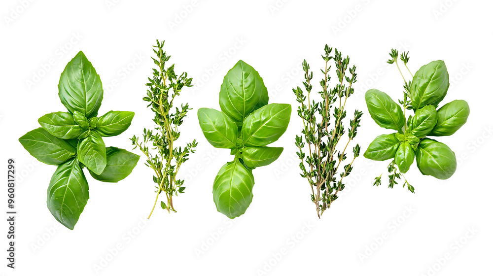 Fresh Basil and Thyme Sprigs: A culinary delight, fresh basil and thyme sprigs are arranged in a symmetrical pattern against a pristine white background. Fresh Basil and Thyme Sprigs: A culinary delight, fresh basil and thyme sprigs are arranged in a symmetrical pattern against a pristine white background.