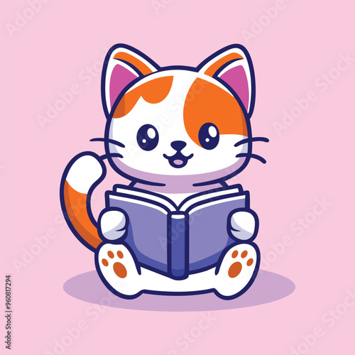 Cute Cat Reading Book Cartoon Vector Icon Illustration. Isolated Flat Cartoon Style