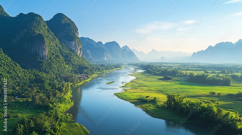 Scenic River Landscape with Lush Greenery and Majestic Mountain Views on a Clear Sunny Day Scenic River Landscape with Lush Greenery and Majestic Mountain Views on a Clear Sunny Day