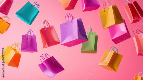 Colorful shopping bags falling on pink background. photo