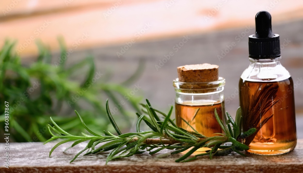 Natural Essential Oils Bottles with Fresh Herbs on a Wooden Surface Natural Essential Oils Bottles with Fresh Herbs on a Wooden Surface