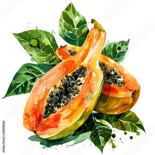 Watercolor clipart of Papaya, isolated on a white background, and Papaya vector