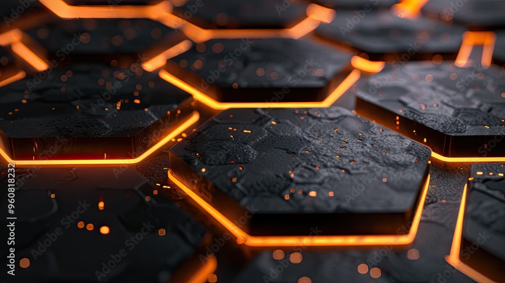 A close-up view of hexagonal tiles with glowing orange edges, creating a futuristic and textured surface. A close-up view of hexagonal tiles with glowing orange edges, creating a futuristic and textured surface.