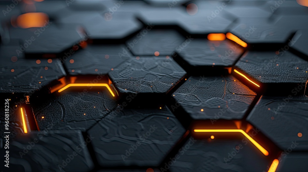 Obraz premium A close-up view of hexagonal tiles with glowing orange lines, creating a modern, high-tech aesthetic.