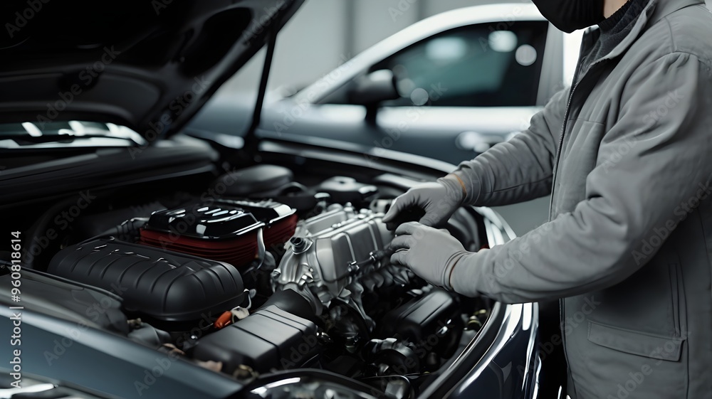 man carefully examines the intricate engine parts under the hood of a car, showcasing precise automotive expertise man carefully examines the intricate engine parts under the hood of a car, showcasing precise automotive expertise