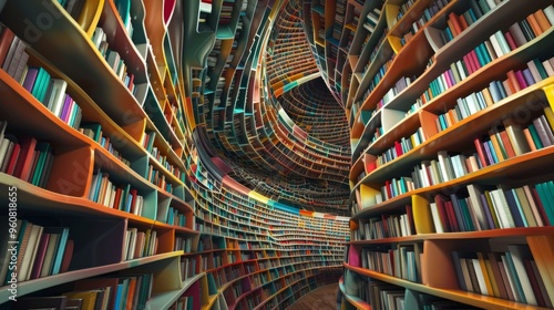 ﻿Abstract curved bookshelf library with colorful books creating surreal tunnel effect photo