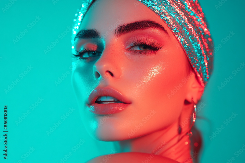 Modern Woman in Sequined Bandana with Solid Neon Teal Background Fashion Lifestyle Portrait, Bold and Elegant Look Modern Woman in Sequined Bandana with Solid Neon Teal Background Fashion Lifestyle Portrait, Bold and Elegant Look