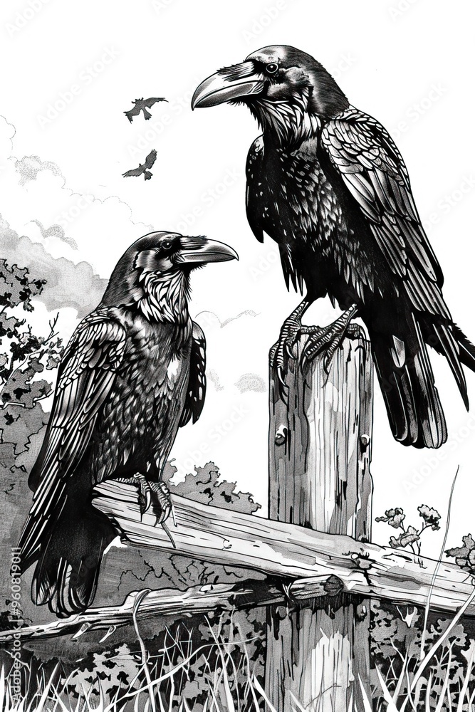 Fototapeta premium Two detailed ravens perched on a wooden post in a black-and-white illustration