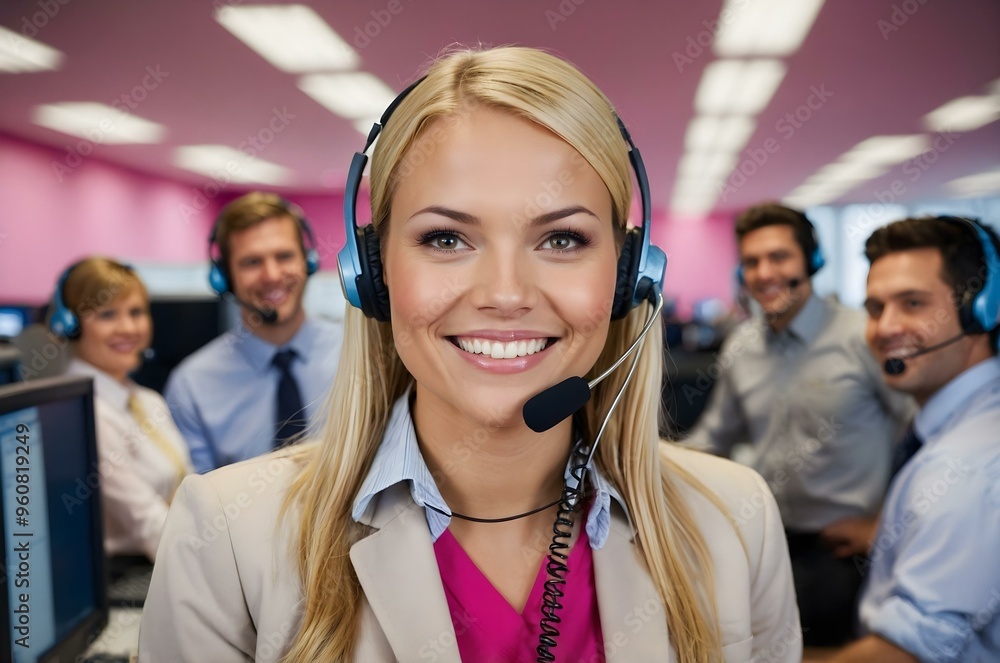 Pink dressed blonde young woman with a headset smiling, working as a call center operator in a busy office. Bussineswoman, representative, operator, assists with support and communication executive Pink dressed blonde young woman with a headset smiling, working as a call center operator in a busy office. Bussineswoman, representative, operator, assists with support and communication executive
