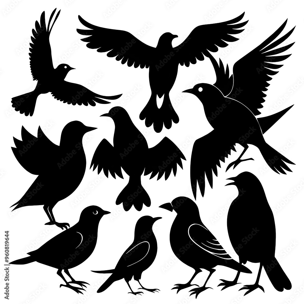 A collection of birds depicted in striking black silhouette art displaying various poses that highlight their unique features and gracefulness A collection of birds depicted in striking black silhouette art displaying various poses that highlight their unique features and gracefulness