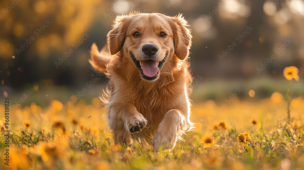 A joyful golden retriever running through a vibrant field of flowers, capturing the essence of happiness and nature. A joyful golden retriever running through a vibrant field of flowers, capturing the essence of happiness and nature.
