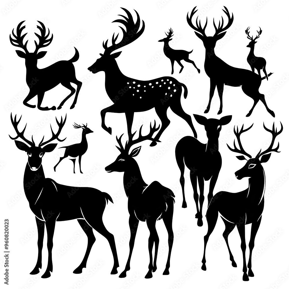 Fototapeta premium A collection of black silhouettes features deers in different poses highlighting their elegance and diversity in a woodland environment