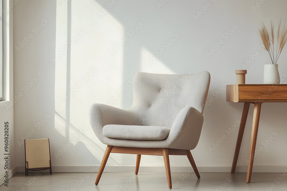 Cozy and stylish armchair with soft fabric in a minimalist home office with functional workspace and decor. Cozy and stylish armchair with soft fabric in a minimalist home office with functional workspace and decor.