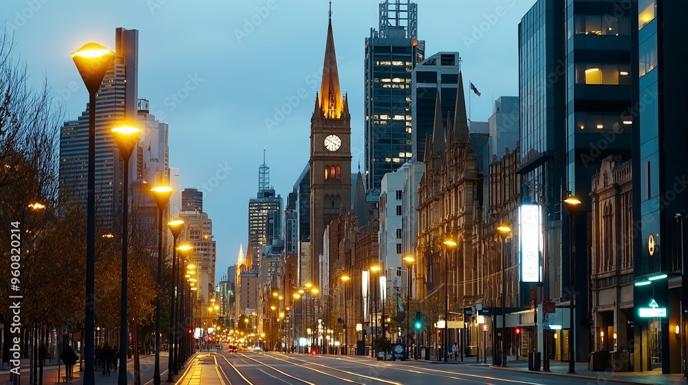 Cityscape at dusk lit by warm glow of street lamps, mix of old and new buildings. AI generated Cityscape at dusk lit by warm glow of street lamps, mix of old and new buildings. AI generated