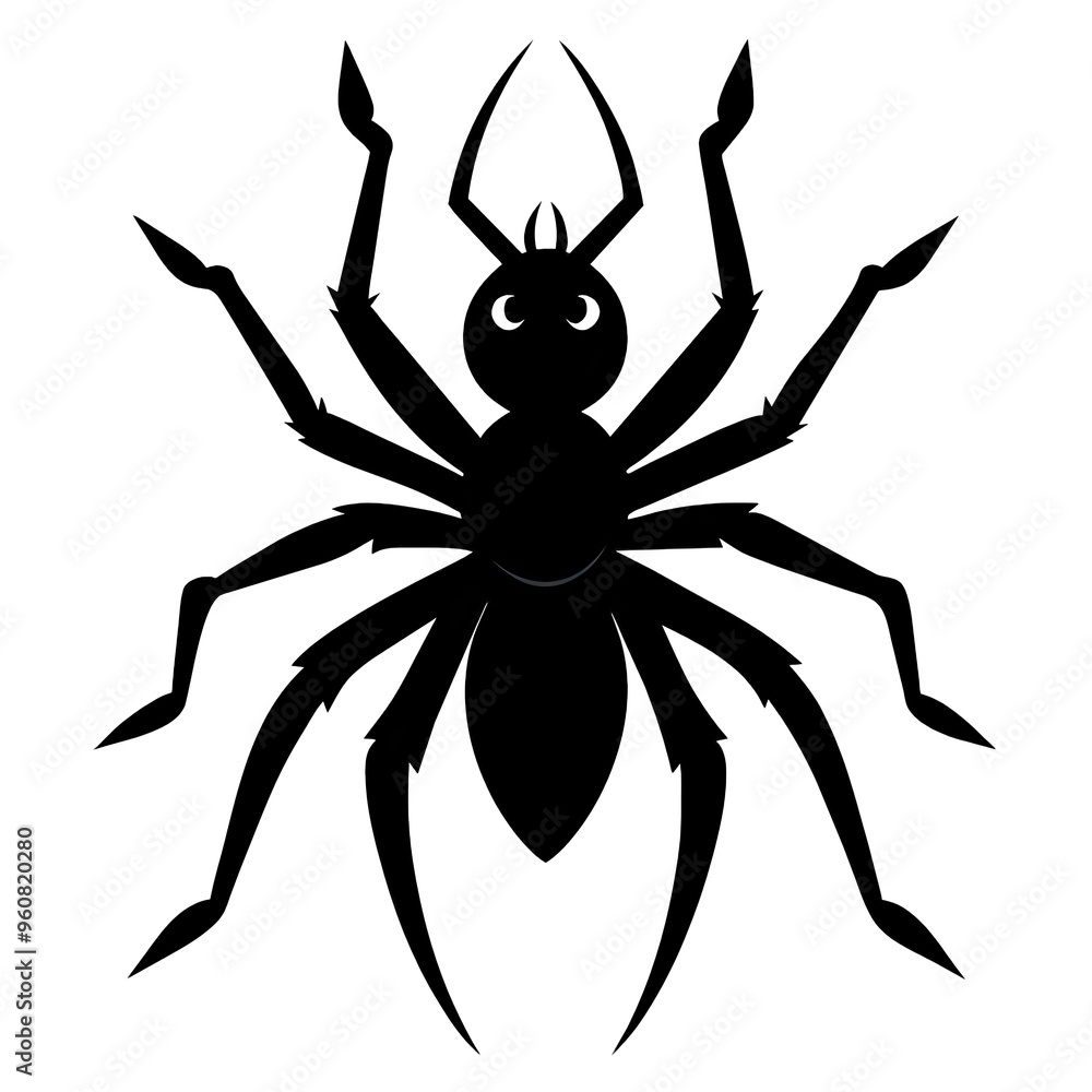 A striking black silhouette of a spider stands out against a clear white background highlighting its unique form and detailed appendages A striking black silhouette of a spider stands out against a clear white background highlighting its unique form and detailed appendages