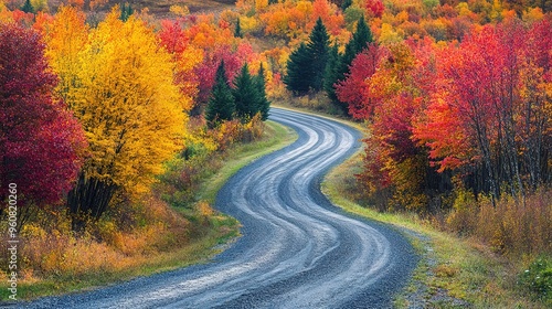 winding country road surrounded by colorful autumn trees, leading into a picturesque fall scene