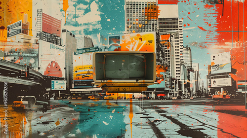 A contemporary art collage with a retro-futuristic aesthetic, combining vintage advertisements, futuristic technology, and bold typography in a striking composition. The use of con