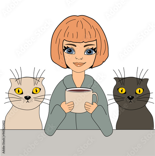 Nice cute beautiful girl with cup of coffee and cat vector illustration cartoon character 
 photo