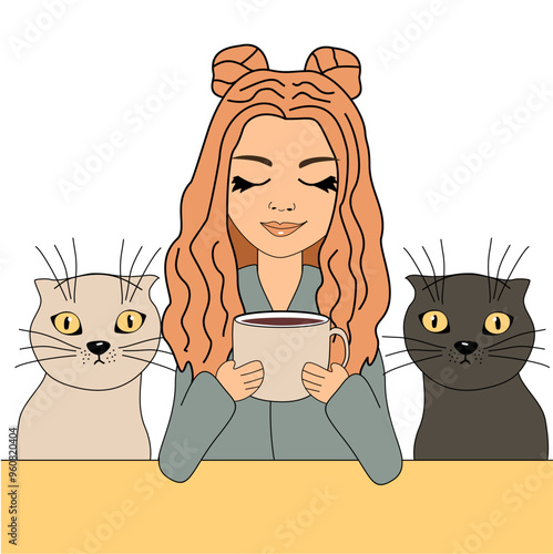 Nice cute beautiful girl with cup of coffee and cat vector illustration cartoon character 
 photo