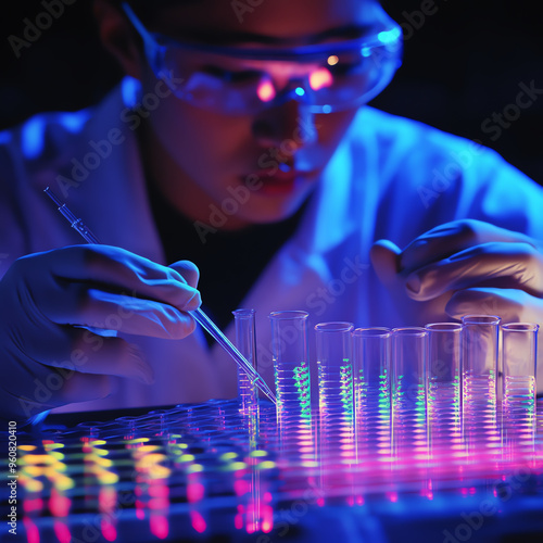 A scientist conducting experiments with colorful test tubes and glowing liquids in a dark laboratory setting.