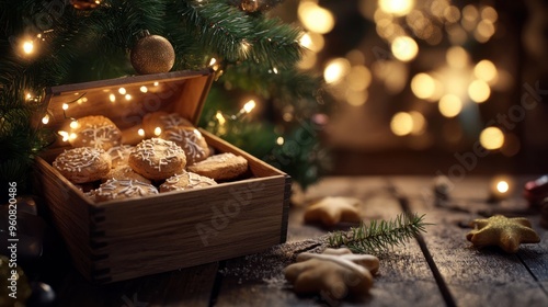 Lebkuchen liegen in einer Holzbox vor dem Weihnachtsbaum - Weihnachten und Christbaum mit Lichtern photo