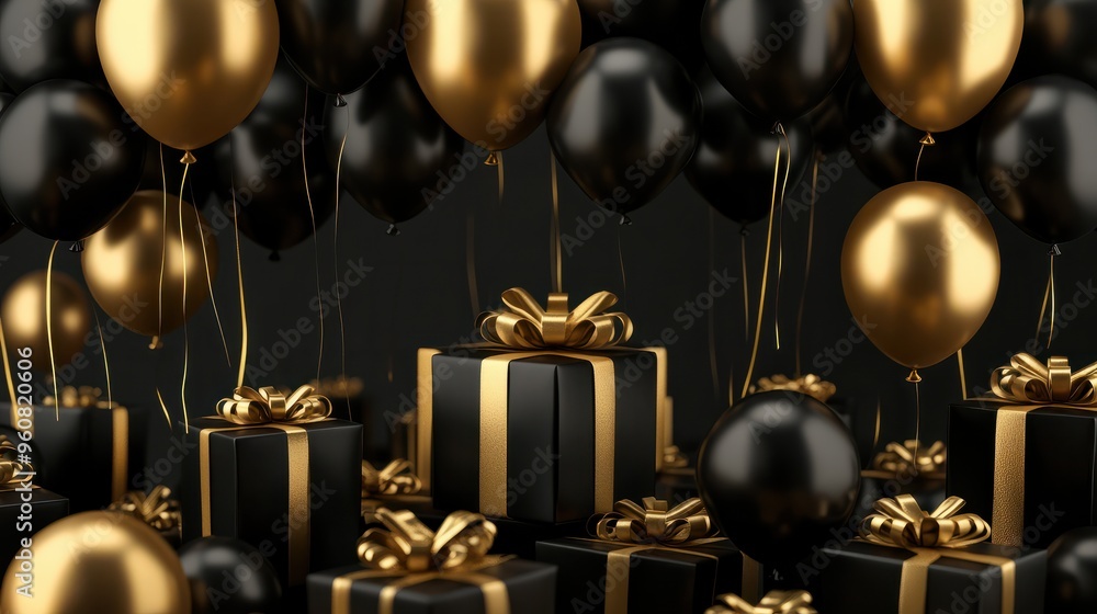many black and gold balloons and gift boxes with gold ribbons many black and gold balloons and gift boxes with gold ribbons