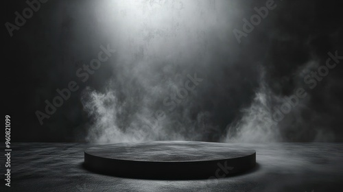 Podium black dark smoke background product platform abstract stage texture fog spotlight. Dark black floor podium dramatic empty night room table concrete wall scene place display studio smoky dust.