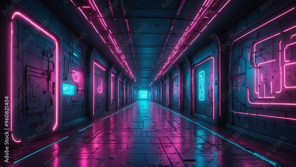 Futuristic neon-lit corridor with sleek design and glowing panels. Futuristic neon-lit corridor with sleek design and glowing panels.